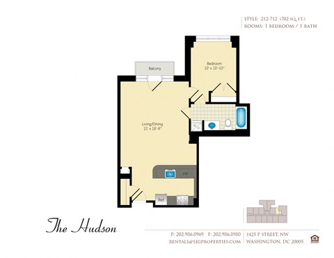 Floor plan for 1 bed, 1 bath, 702 sqft